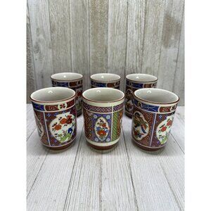 Vtg Japan Imari Coffee Tea Mugs Cups Speckled Stoneware Floral Peacock Set of 6